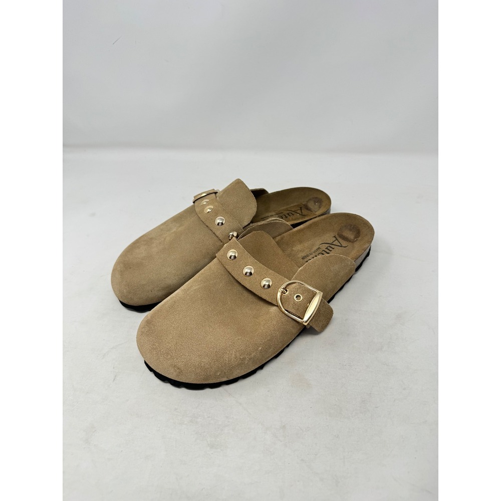 Autenti‎ Suede Studded Buckle Mules Tan 40 Boho Cork Footbed Clogs Made in Spain